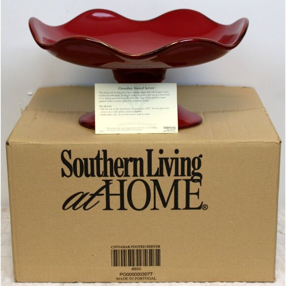 Southern Living Cinnabar Footed Serving Bowl Red Stoneware Pedestal Ruffled Edge - Picture 1 of 9